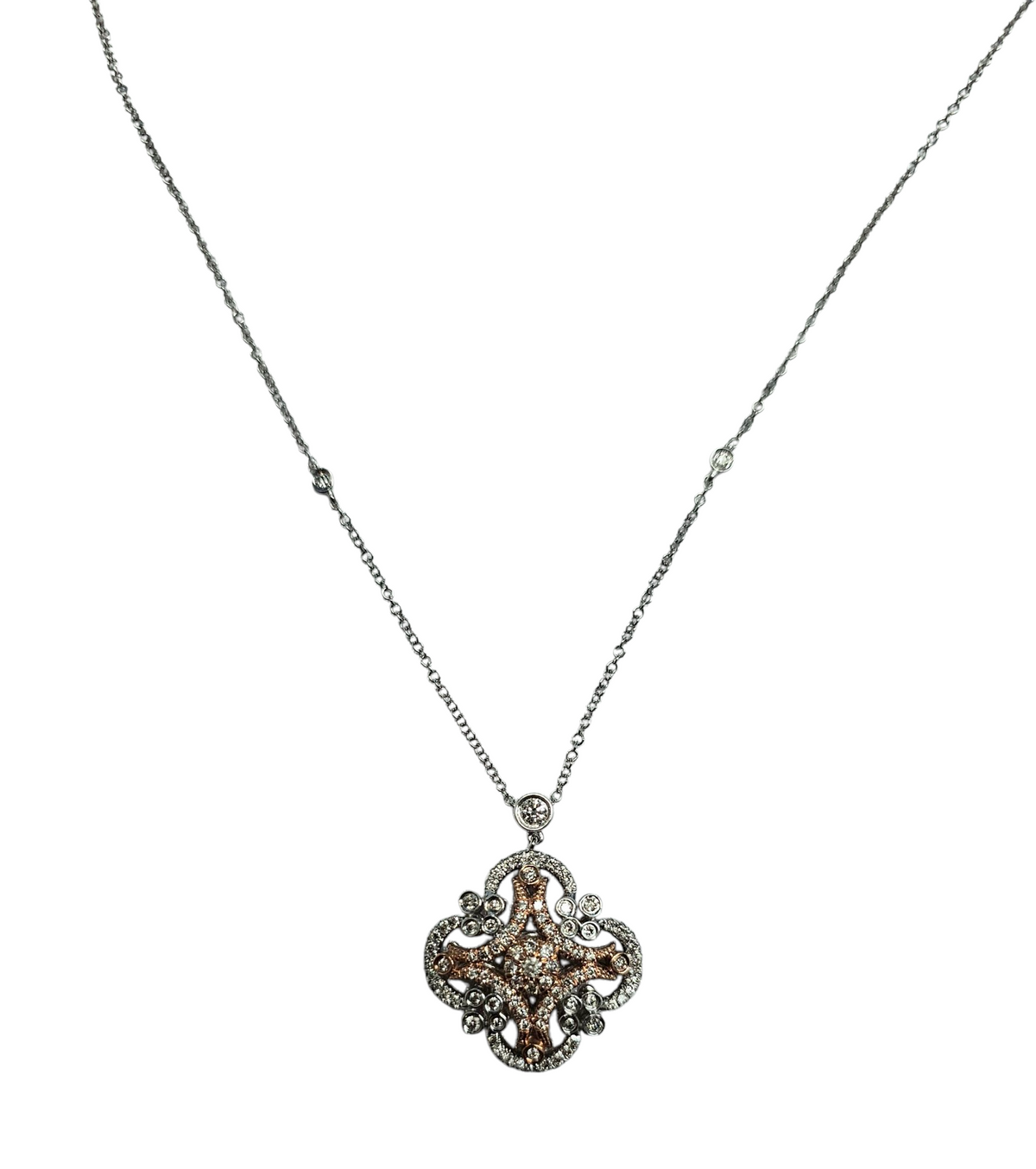 Pendant in 14 Karat Two Tone Rose and White Gold in Intricate Clover Design with Diamonds