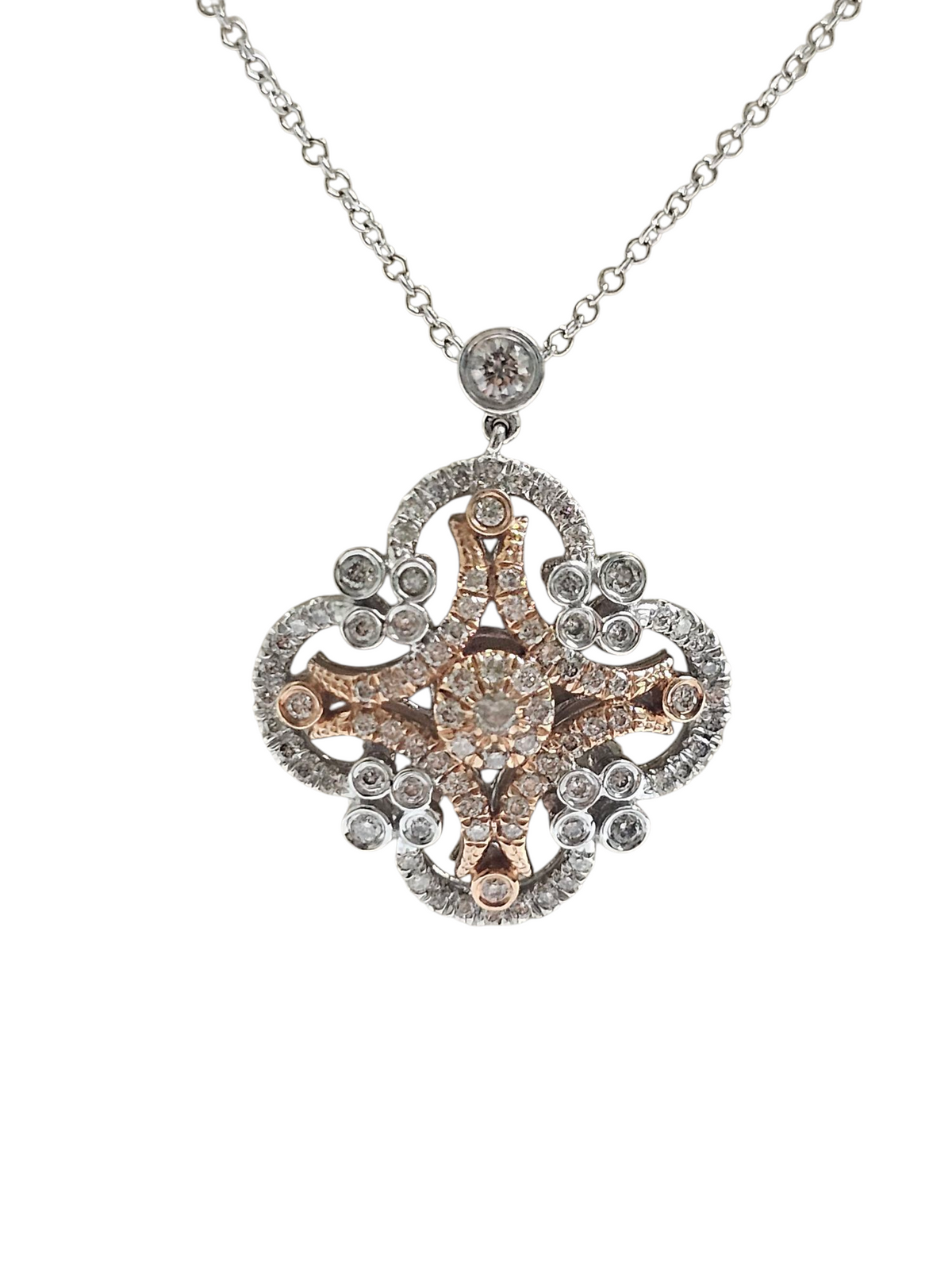 Pendant in 14 Karat Two Tone Rose and White Gold in Intricate Clover Design with Diamonds