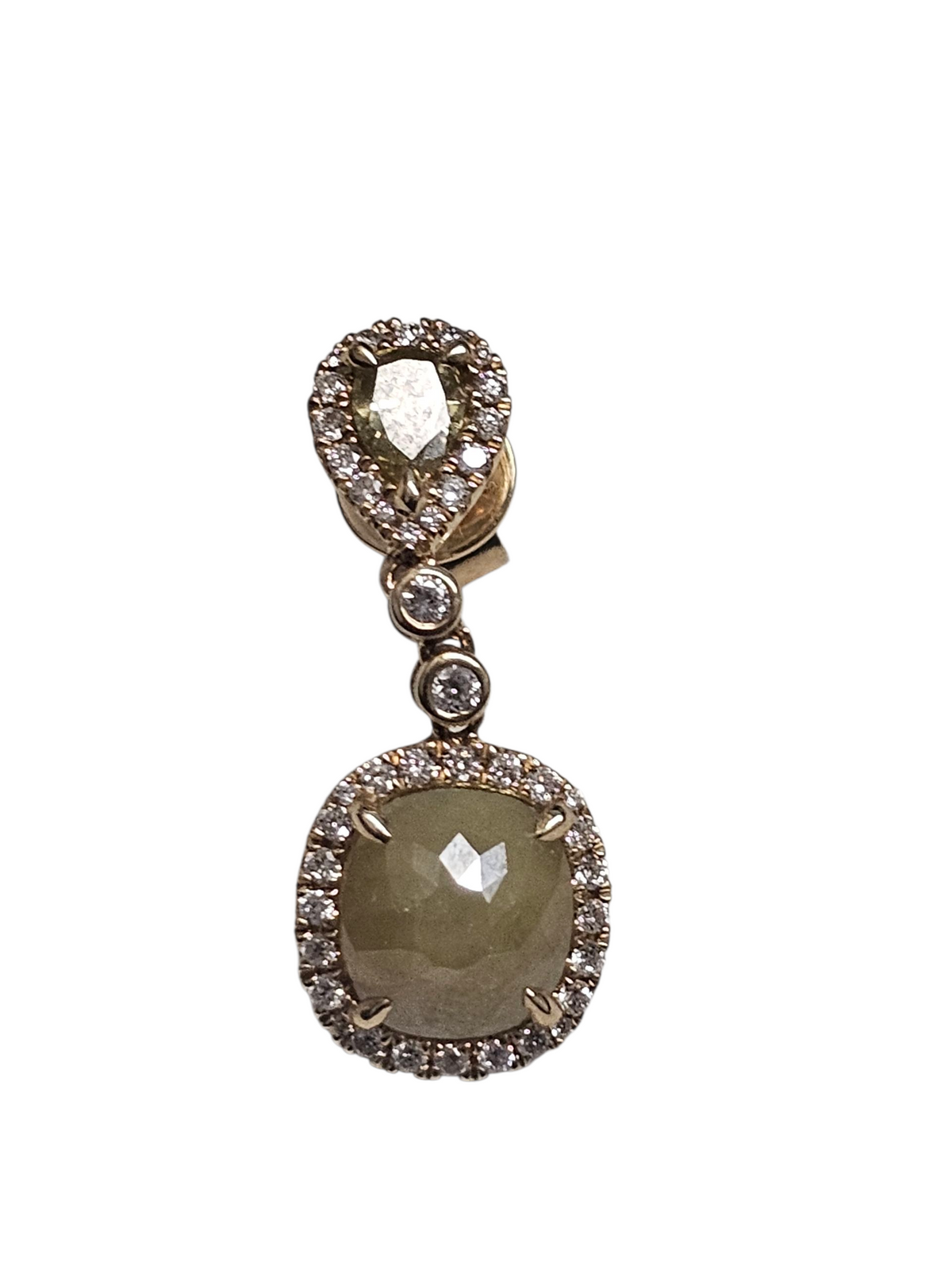 Sliced Yellow Green Diamond Dangling Earrings in 14k Yellow Gold