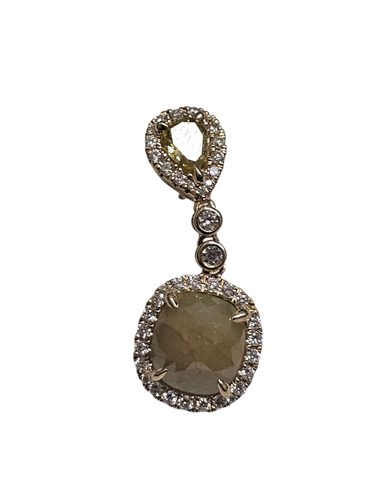 Sliced Yellow Green Diamond Dangling Earrings in 14k Yellow Gold