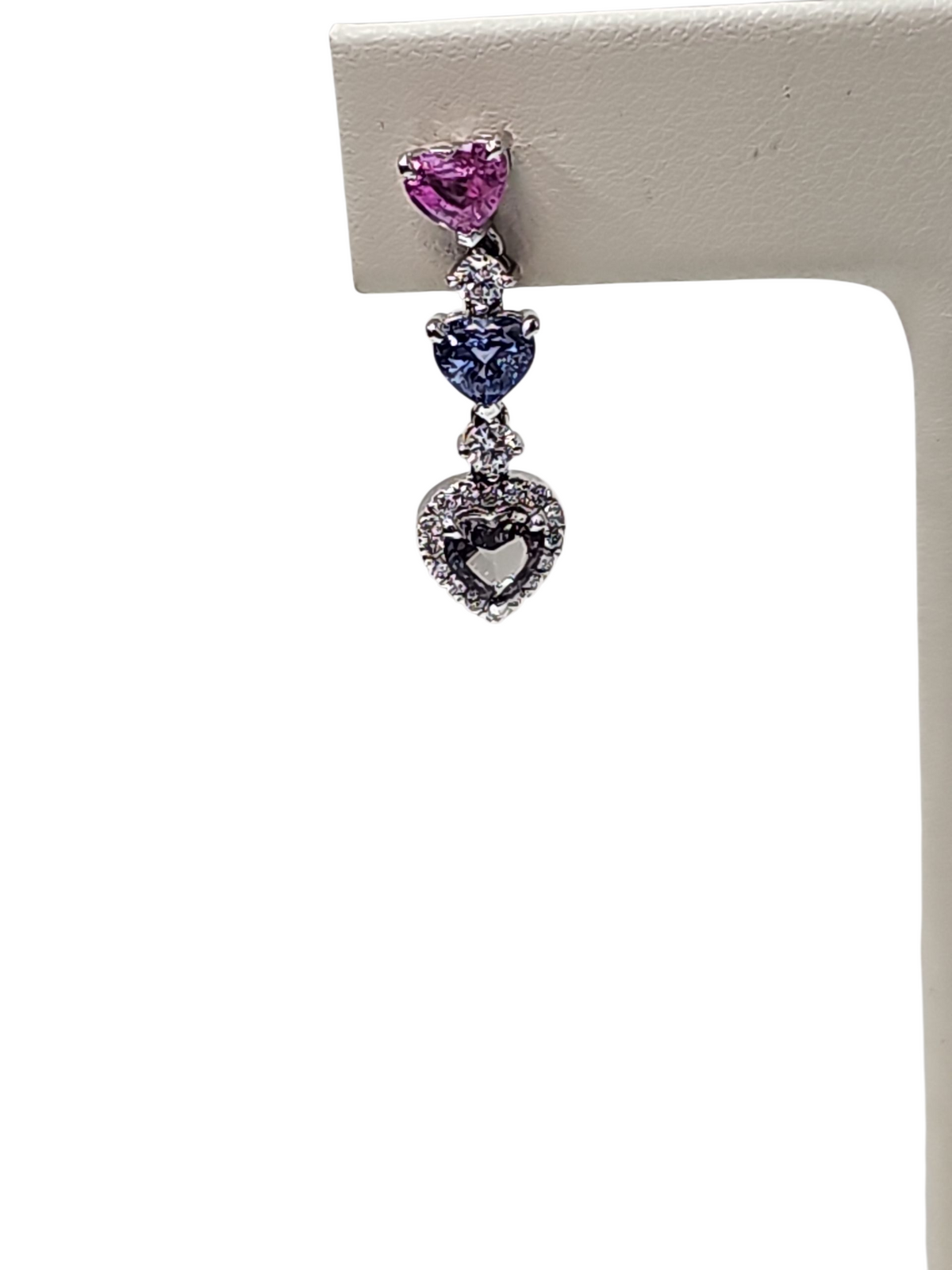 Diamond And Sapphire Dangling Heart Earrings in 18kt White Gold