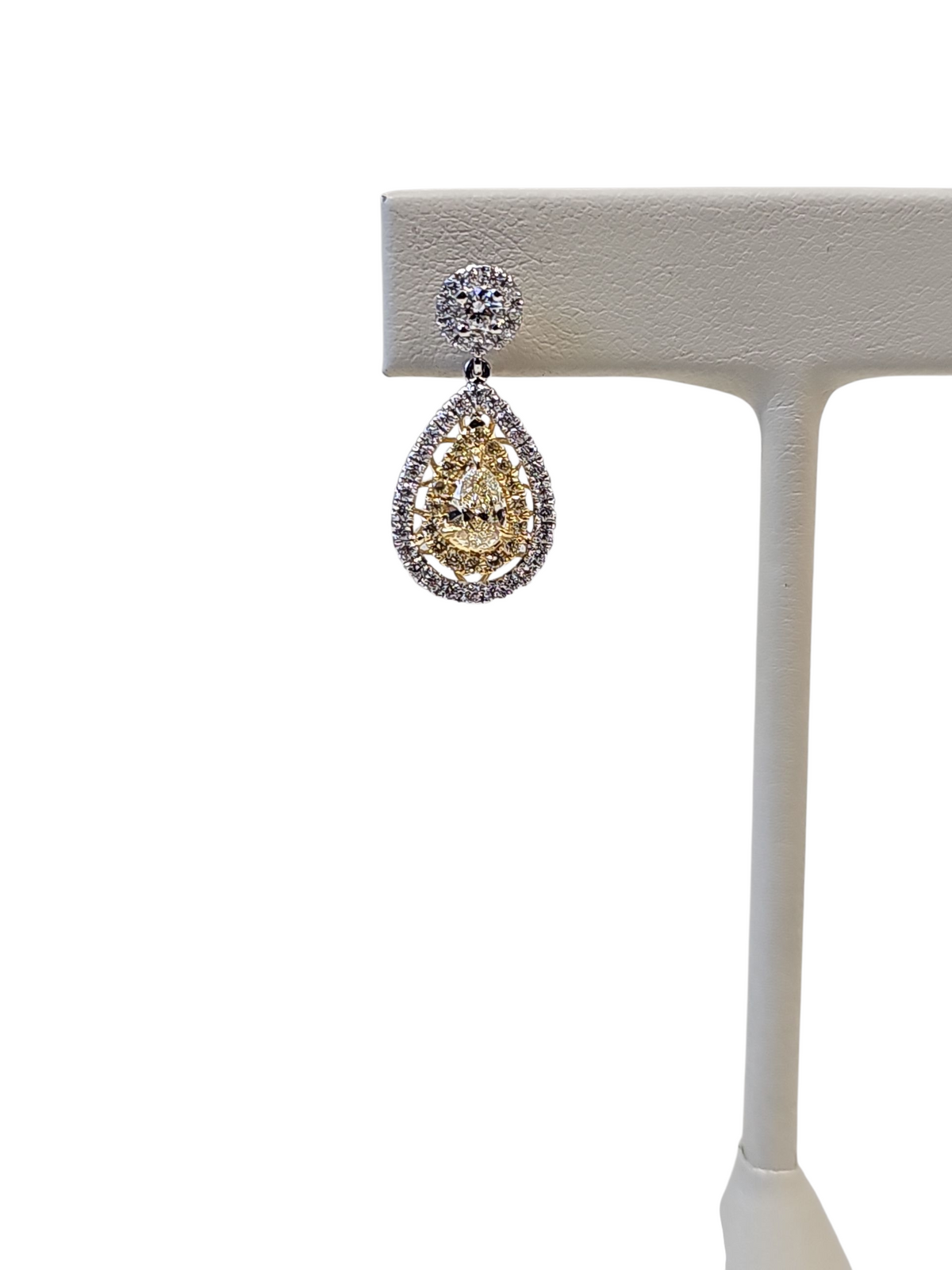 Yellow and White Pear Diamond Dangling Earrings in Two Tone 18kt Gold
