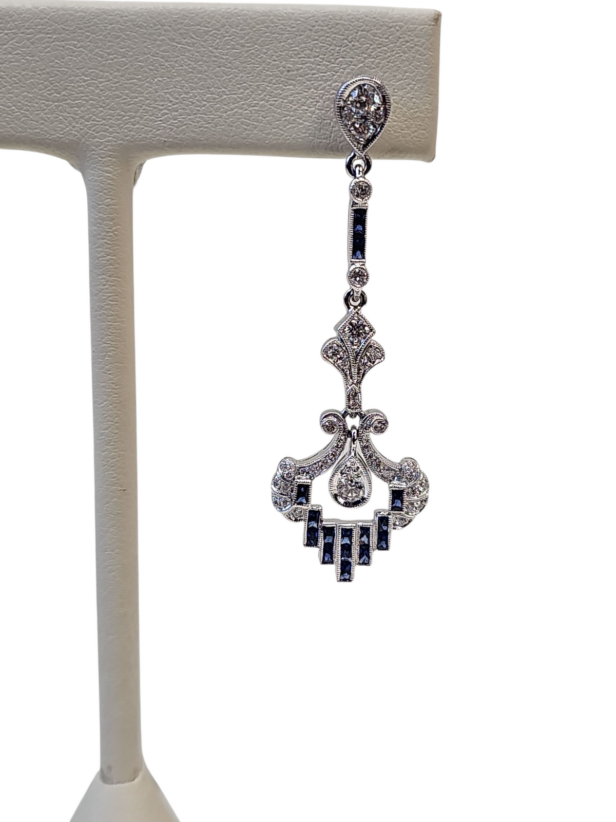 Dangling Diamond and Blue Sapphire Fleur De Lis Earrings in 18kt White Gold