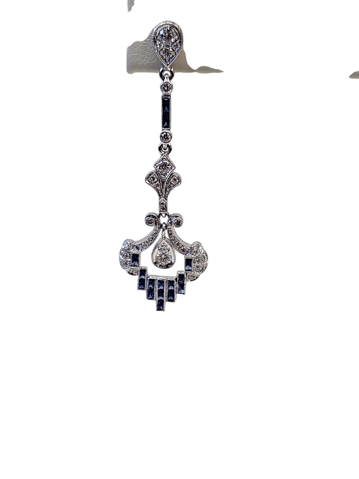 Dangling Diamond and Blue Sapphire Fleur De Lis Earrings in 18kt White Gold