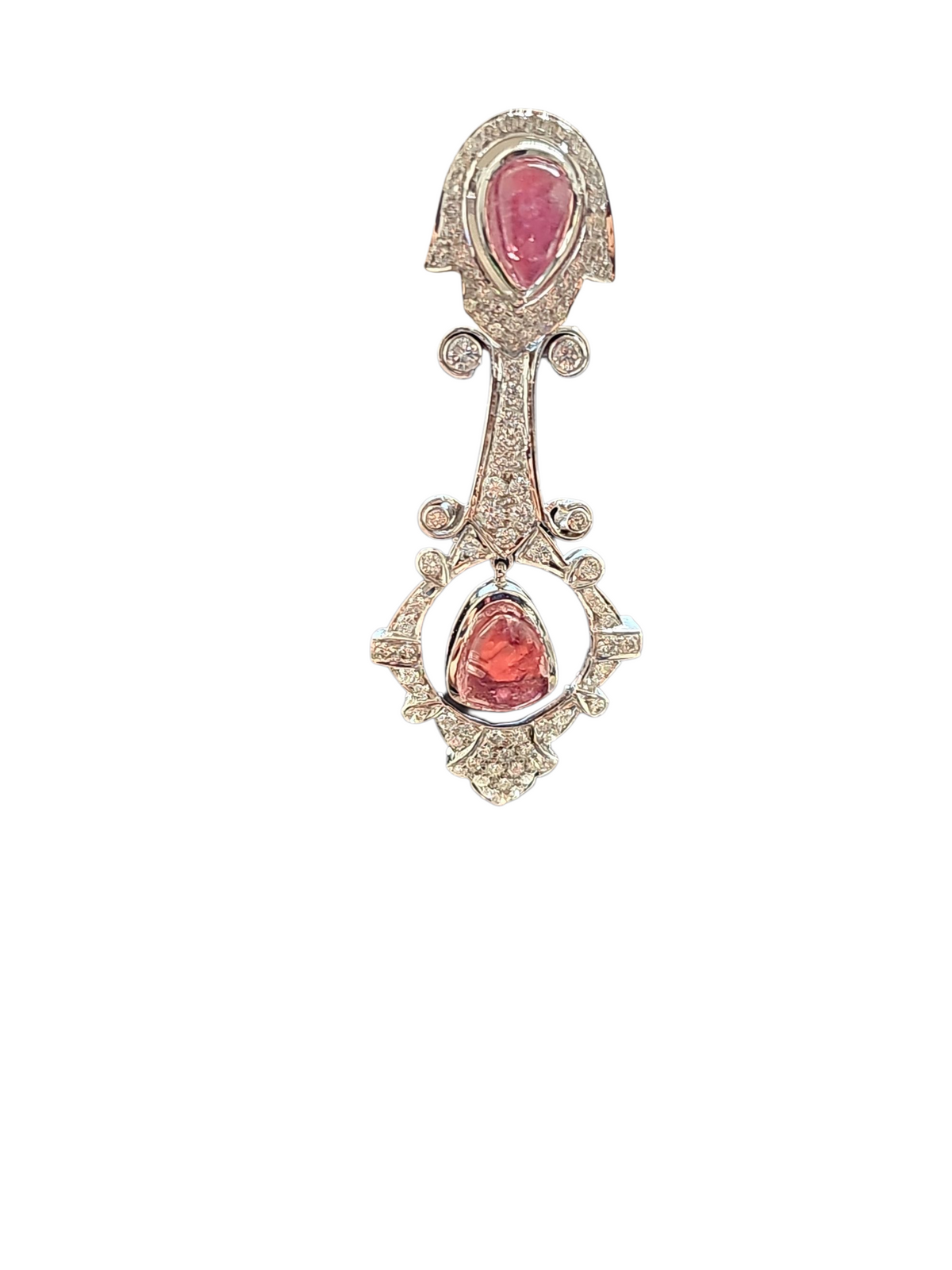 Intricate Pink Tourmaline And Diamond Drop Dangling Earrings in 18kt White Gold