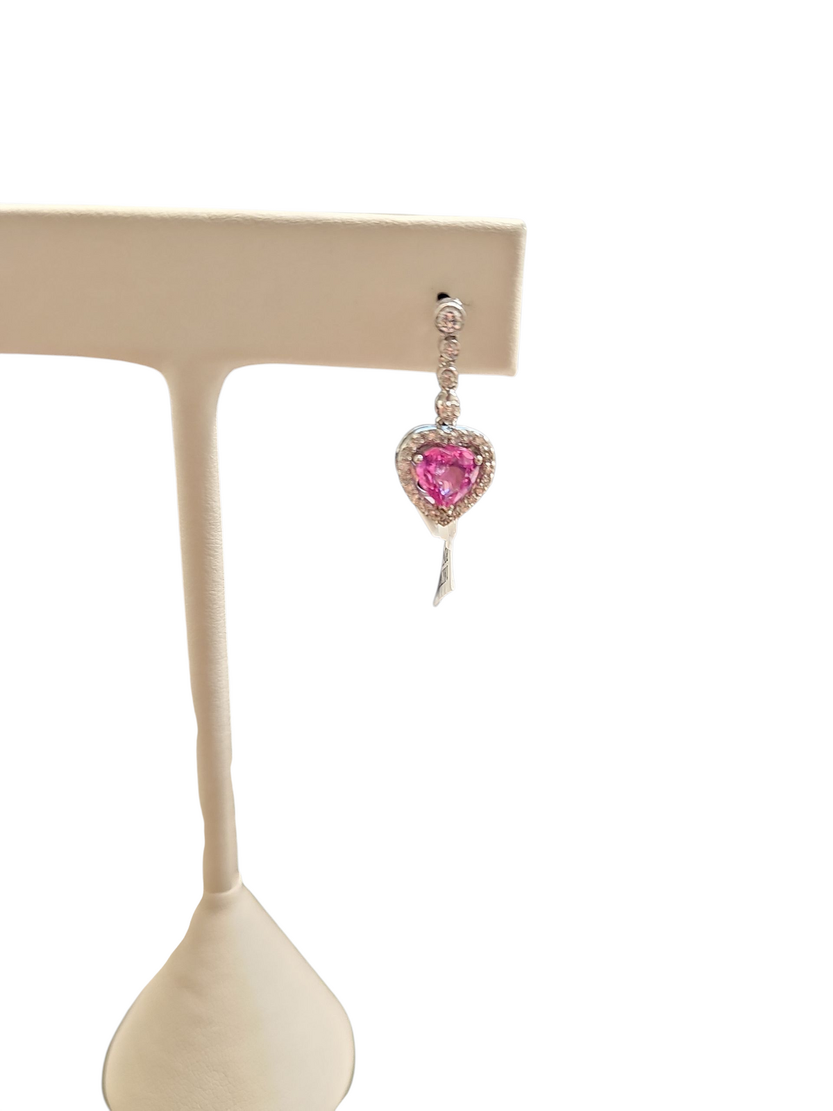 Pink Sapphire Heart and Diamond Dangling Earrings in 18kt White Gold
