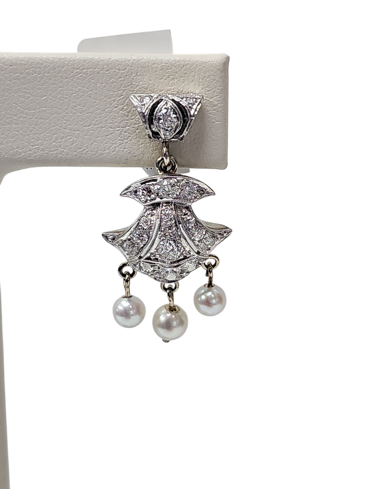 Intricate Chandelier Dangling Diamond and Pearl Earrings in 14kt White Gold