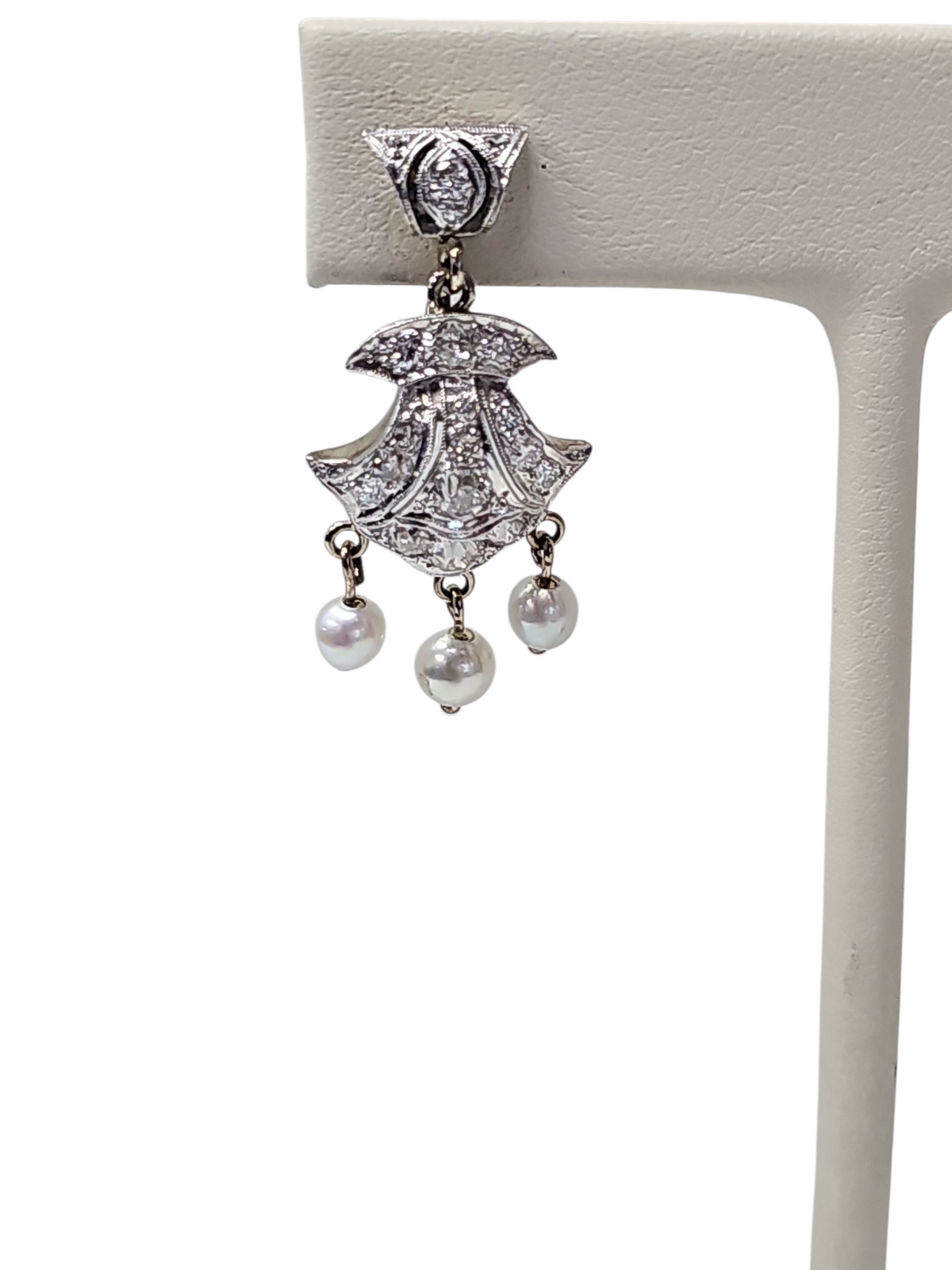 Intricate Chandelier Dangling Diamond and Pearl Earrings in 14kt White Gold