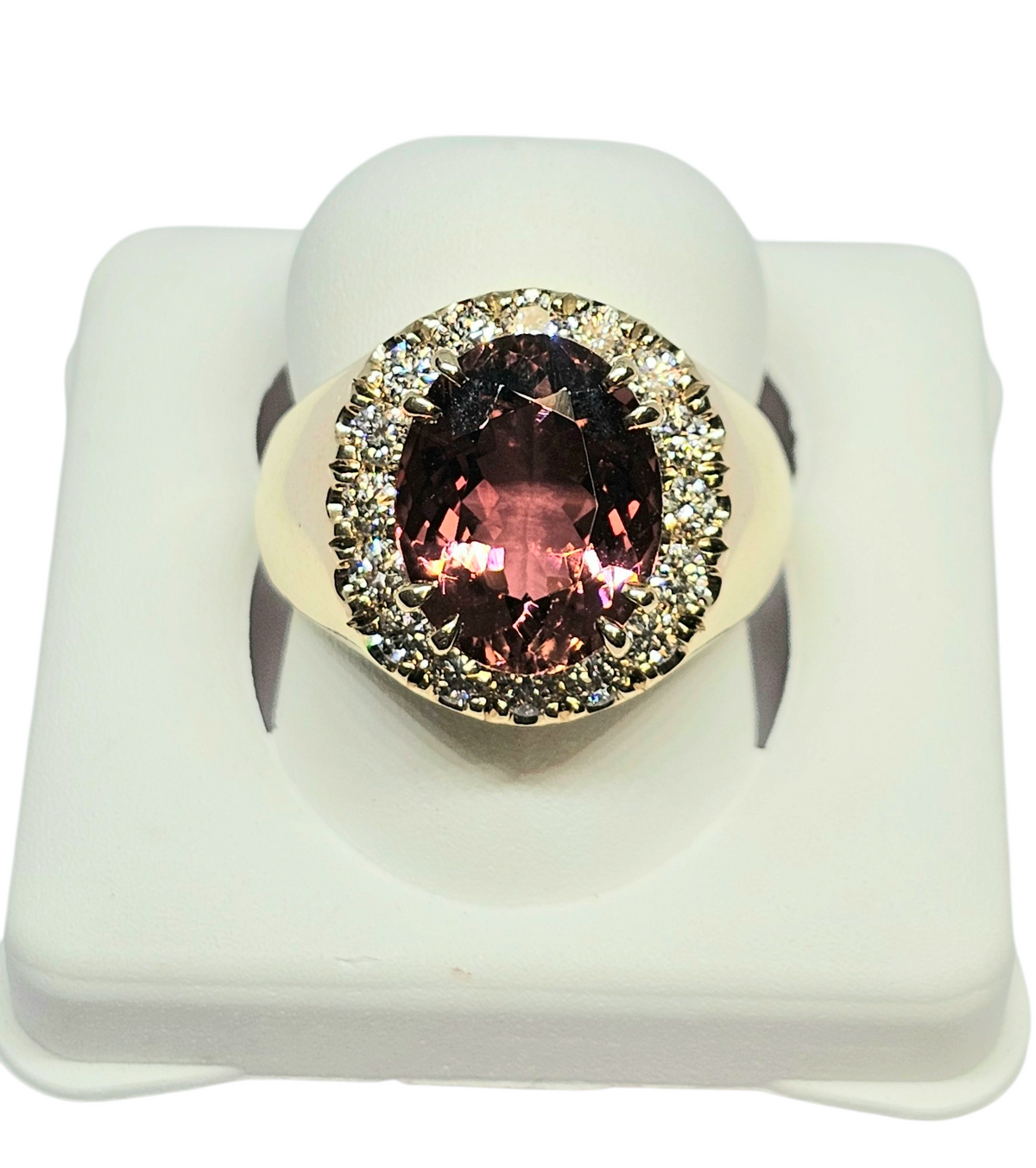 Pink Tourmaline Diamond Ring in 14 Kt Yellow Gold