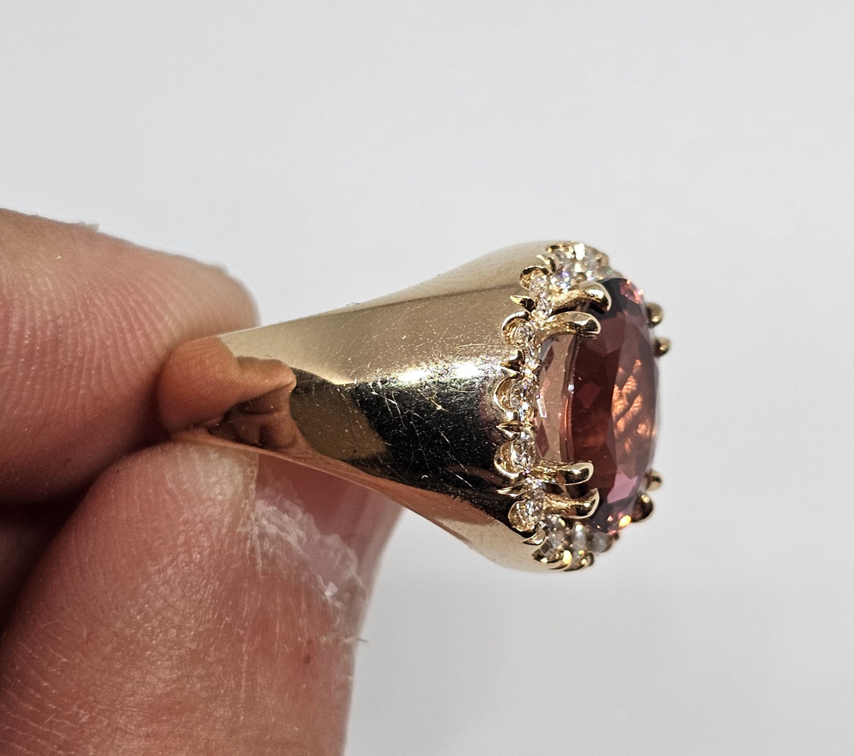 Pink Tourmaline Diamond Ring in 14 Kt Yellow Gold