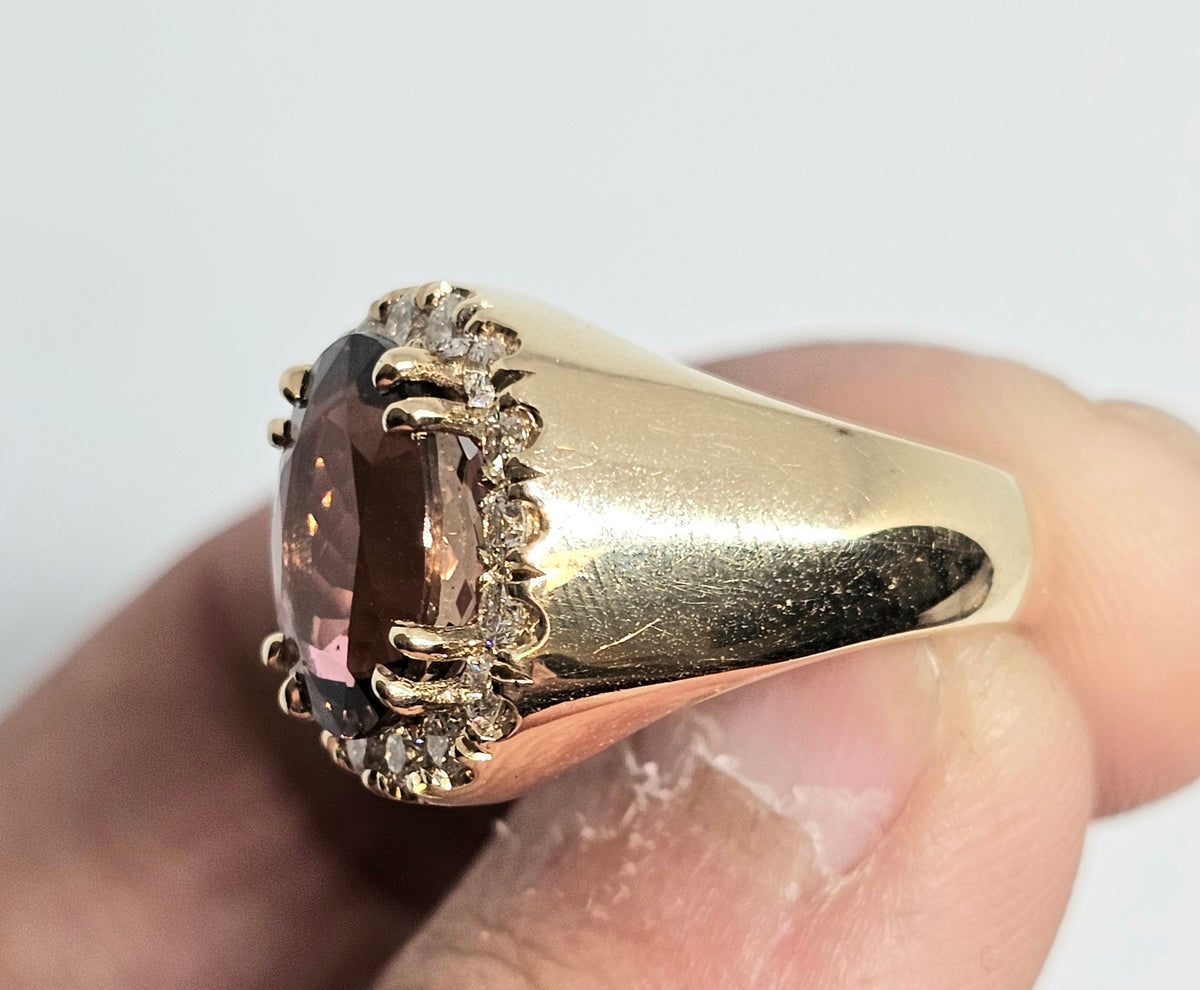 Pink Tourmaline Diamond Ring in 14 Kt Yellow Gold