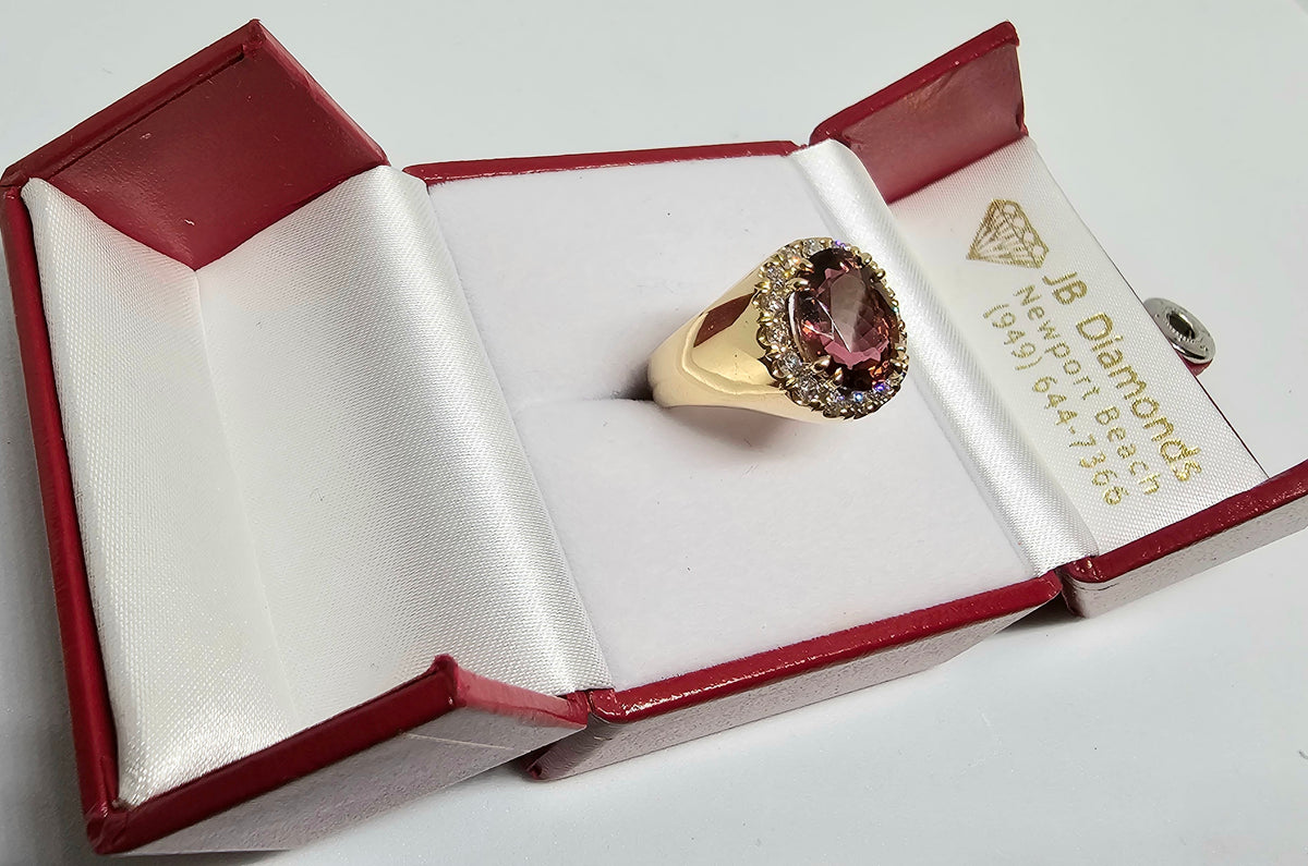 Pink Tourmaline Diamond Ring in 14 Kt Yellow Gold