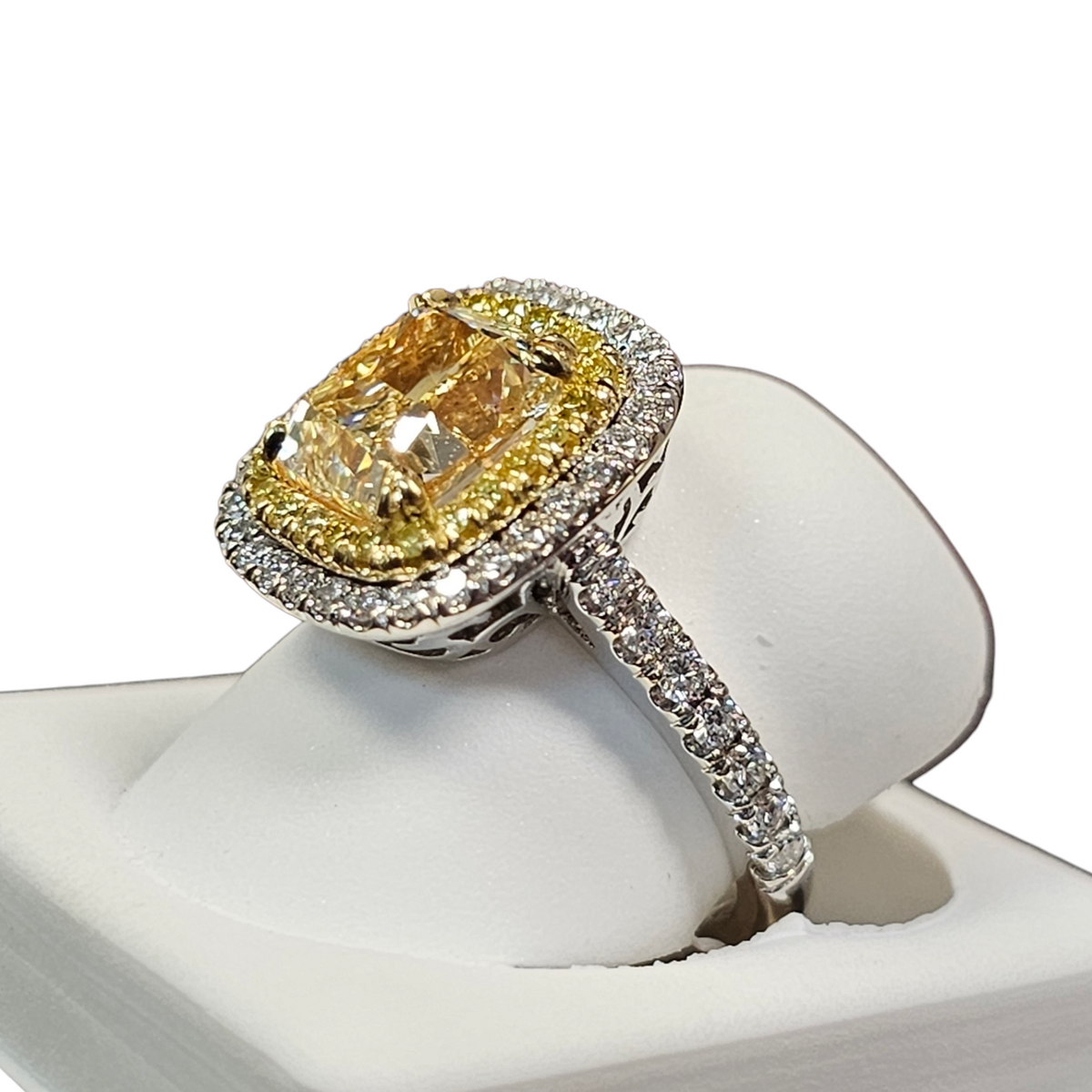 18Kt White Gold Cushion Yellow Diamond Ring