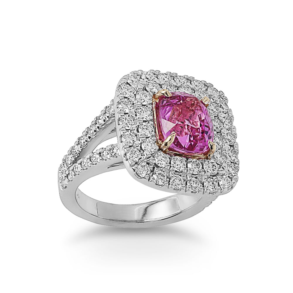 Pink Sapphire Double Halo Diamond Ring
