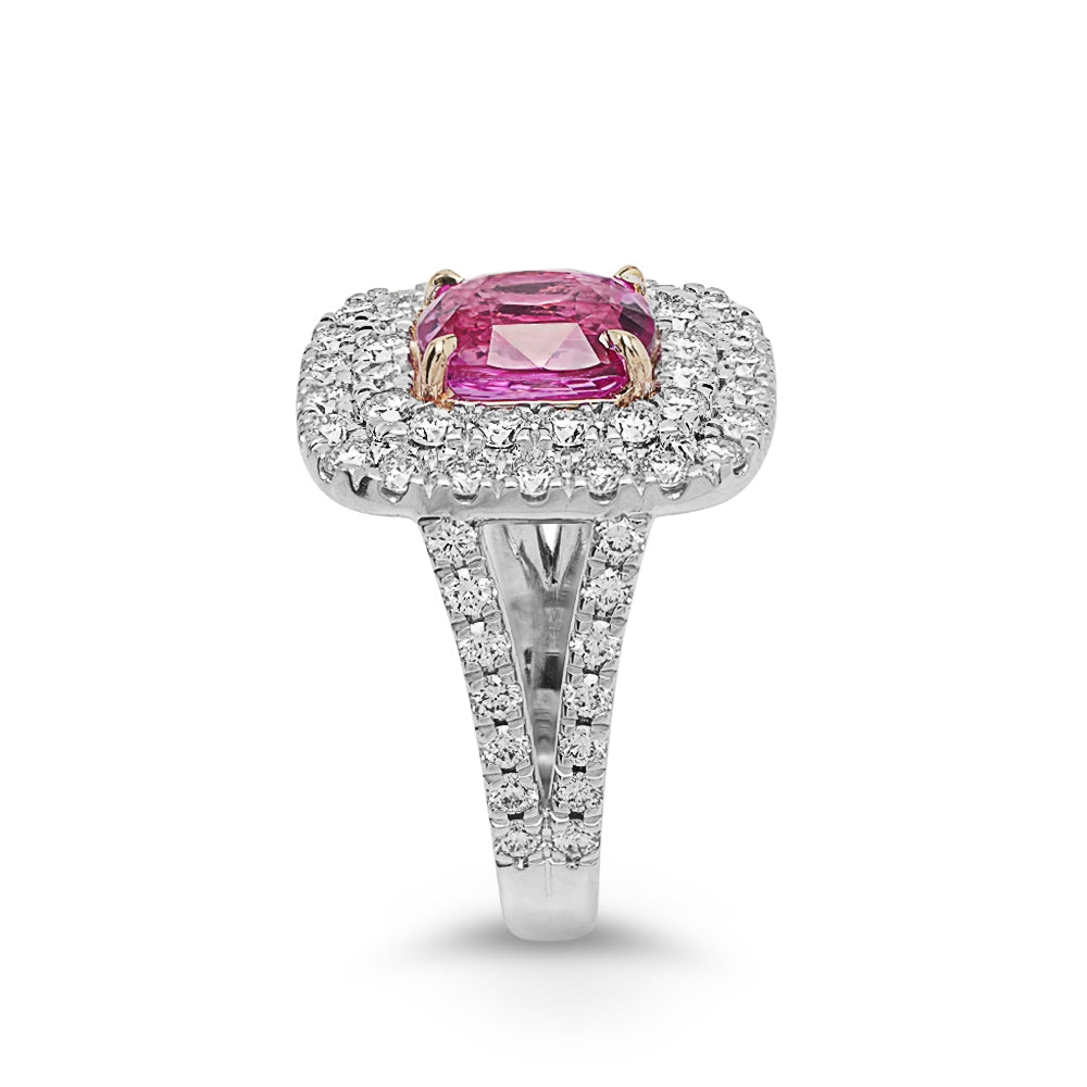 Pink Sapphire Double Halo Diamond Ring