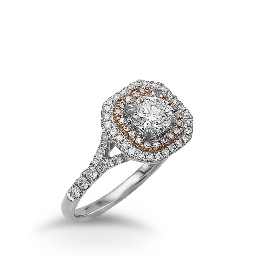 Double Halo Diamond Ring in 18 Karat Two Tone Gold