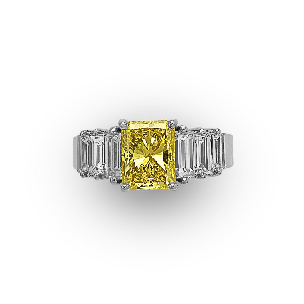 14Kt White Gold Radiant Fancy Yellow Intense Diamond Ring