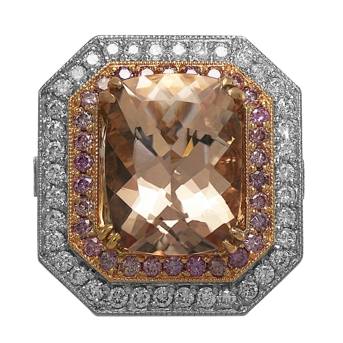 18Kt White Gold Cushion Morganite and Diamond Ladies Ring