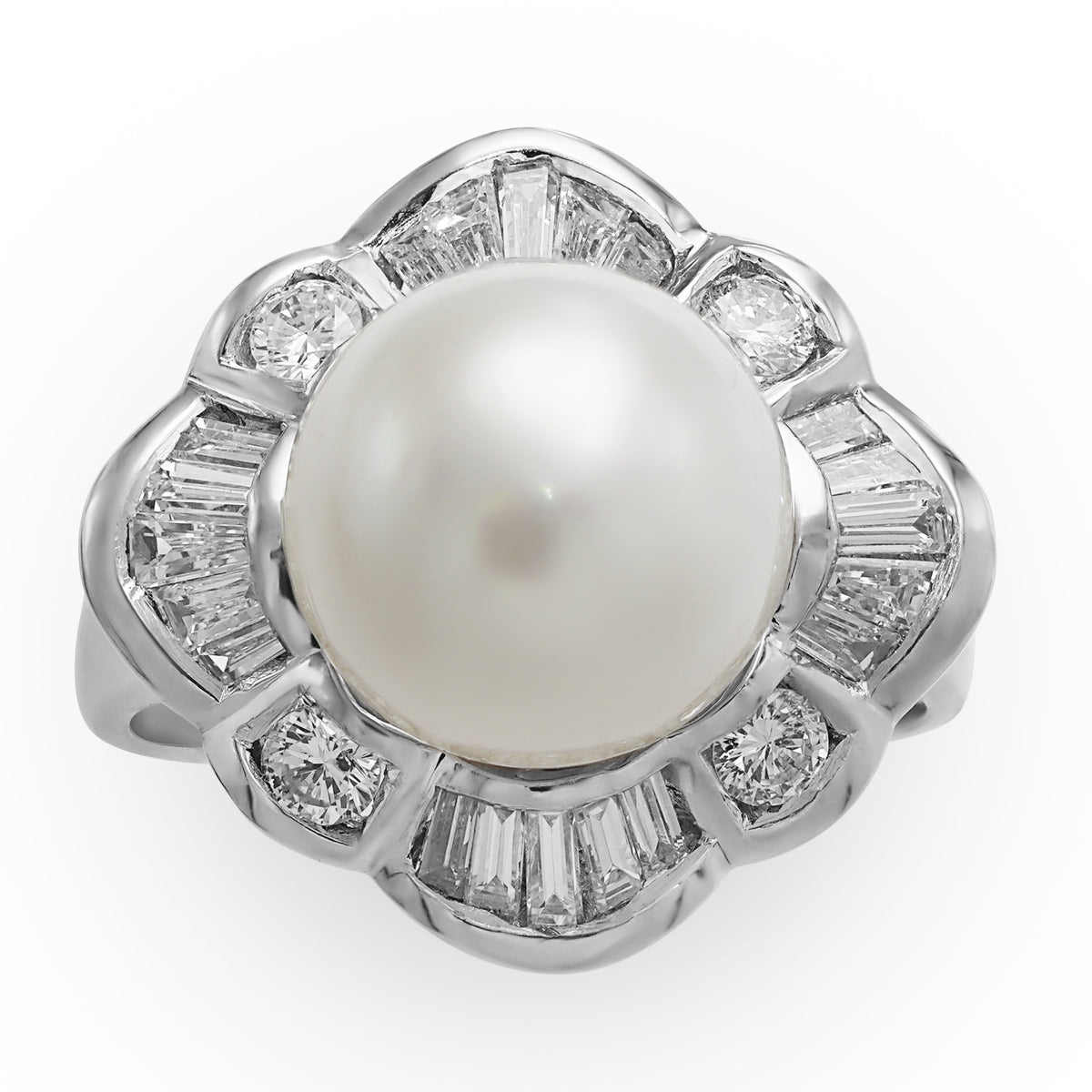 Baguette Diamond Haloed Pearl Ring