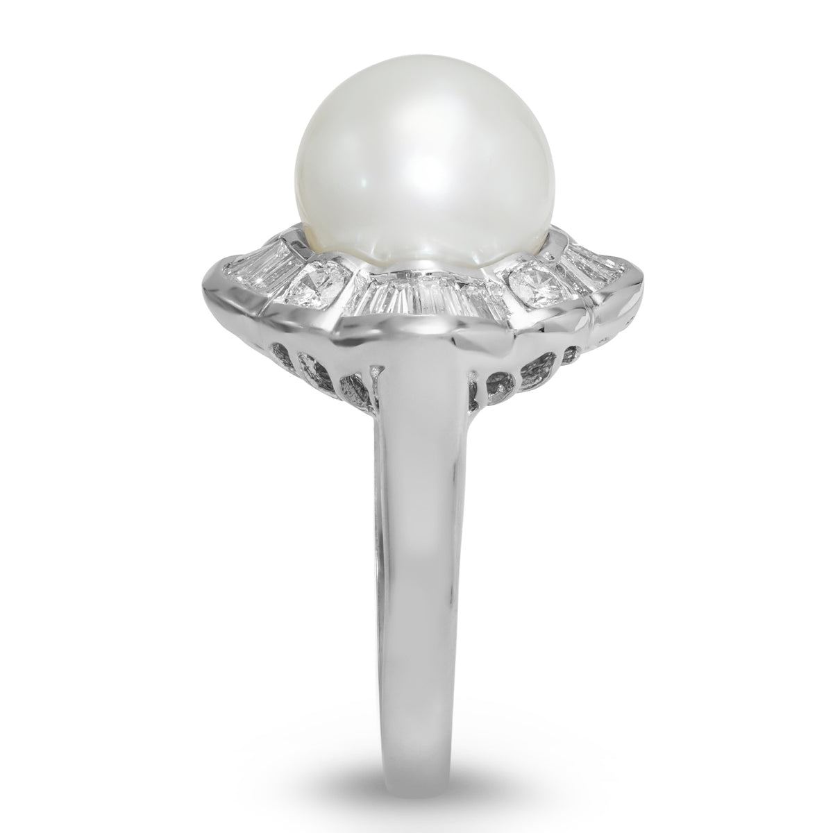 Baguette Diamond Haloed Pearl Ring