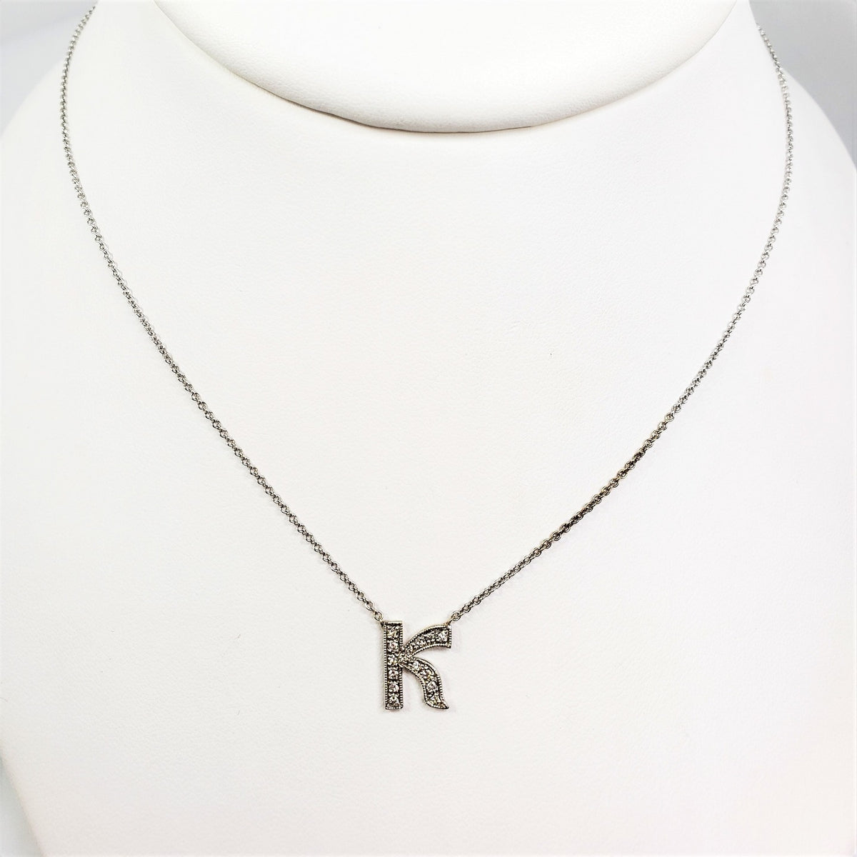 "K" Initial White Gold Diamond Pendant with Chain
