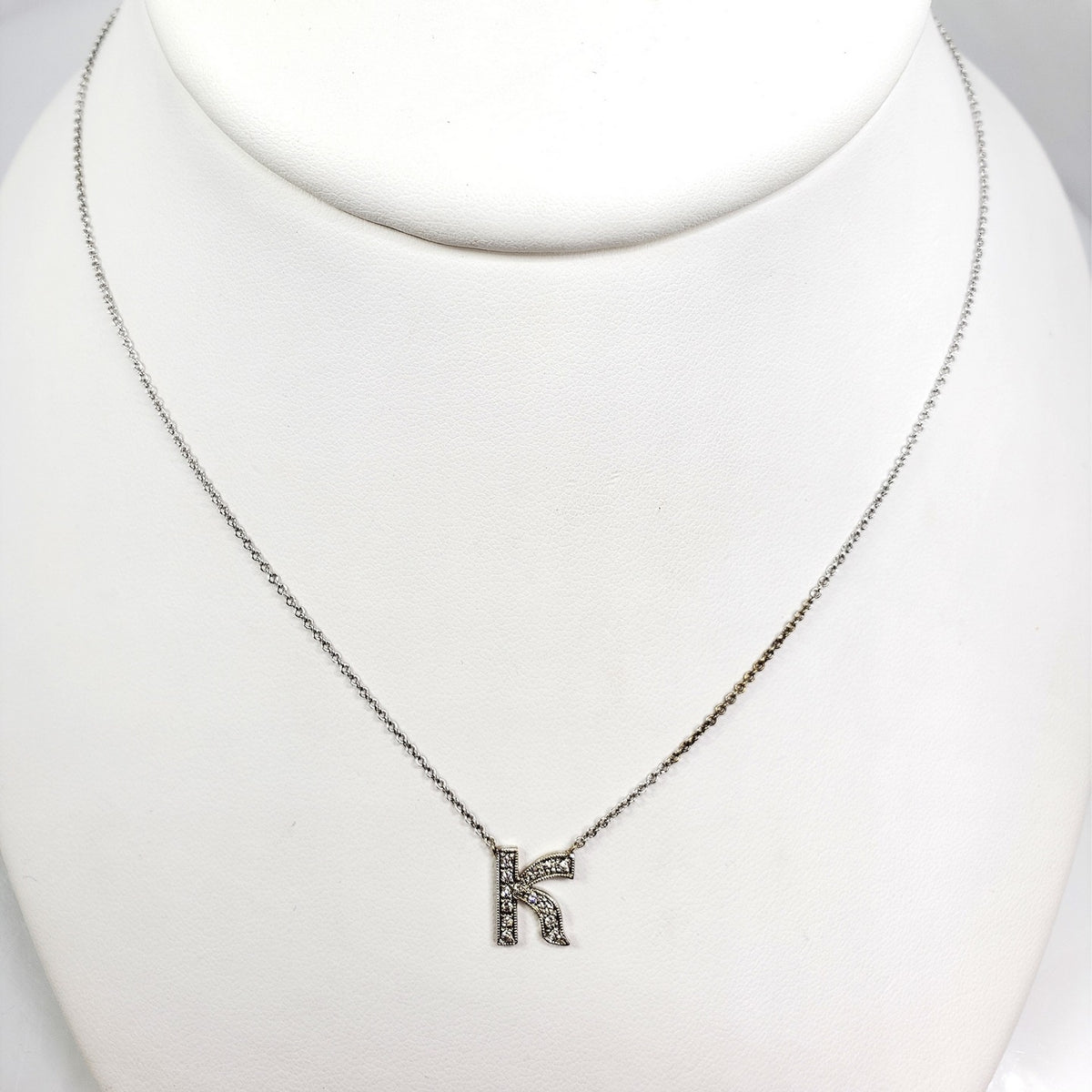 "K" Initial White Gold Diamond Pendant with Chain