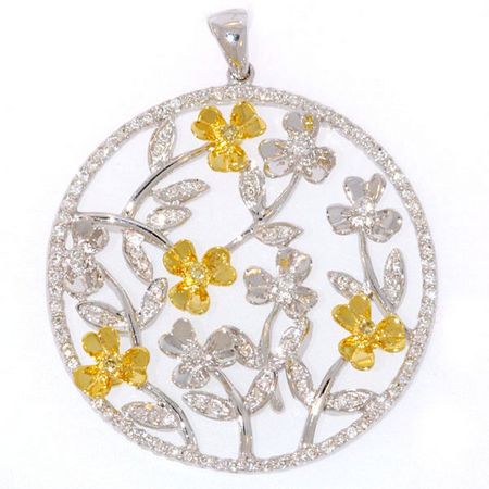 Two-Tone 18KT Gold Circle Floral Design Diamond Pendant