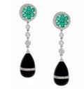 Emerald Diamond & Onyx Floral Drop Earrings in 18kt White Gold