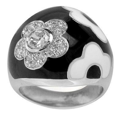 Fleur- Black and White Enamel with CZ Ring