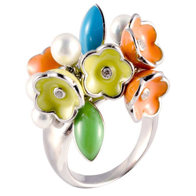 Belle Bouquet - Pearl and Orange Enamel Ring
