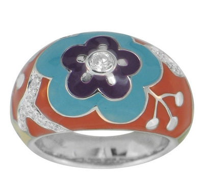 Cherry Blossom - Orange and Turquoise Enamel with CZ Ring