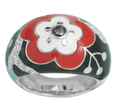 Cherry Blossom - Red and Black Enamel with CZ Ring