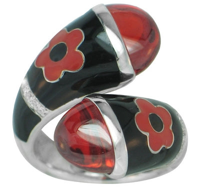Fleur Twist - Black and Red Enamel with CZ Ring