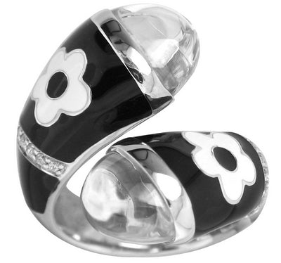 Fleur Twist - Black and White Enamel with CZ Ring