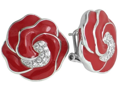 Rose - Red Enamel with CZ Earrings