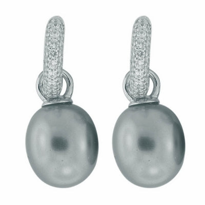 Pearl Drops Hoops - Grey Pearls with CZ Earrings