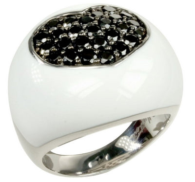 Kiss - White Enamel with Black Colored CZ Ring