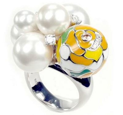 Bouquet Botanique - Pearl with Yellow Enamel and CZ Ring