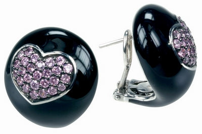 Kiss - Black Enamel with Pink Colored CZ Earrings
