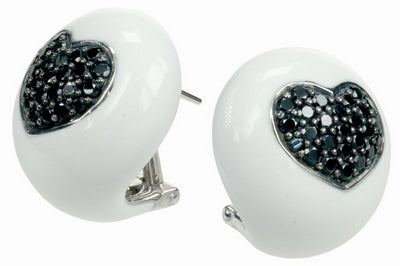 Kiss - White Enamel with Black Colored CZ Earrings