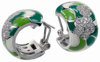Plumeria - Green Enamel with CZ Earrings