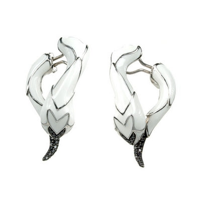 Serpentine - White Enamel with Black Colored CZ Earrings