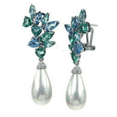 Olivia - Pearl and Green Colored CZ Earrings