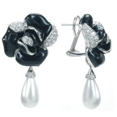 Rosette - Pearl and Black Enamel with CZ Earrings