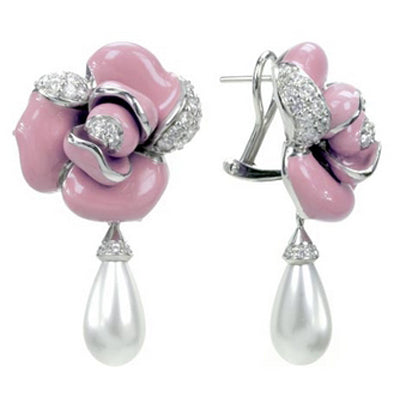 Rosette - Pearl and Pink Enamel with CZ Earrings