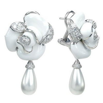 Rosette - Pearl and White Enamel with CZ Earrings