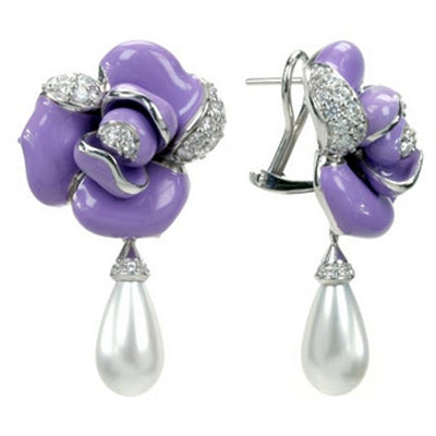 Rosette - Pearl and Purple Enamel with CZ Earrings
