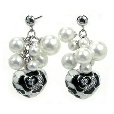 Hearts Botanique - Pearls and Black Enamel with CZ Earrings