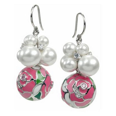 Bouquet Botanique - Pearls and Pink Enamel with CZ Earrings