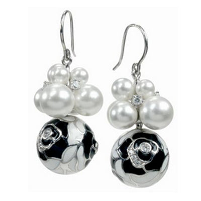 Bouquet Botanique - Pearls and Black Enamel with CZ Earrings